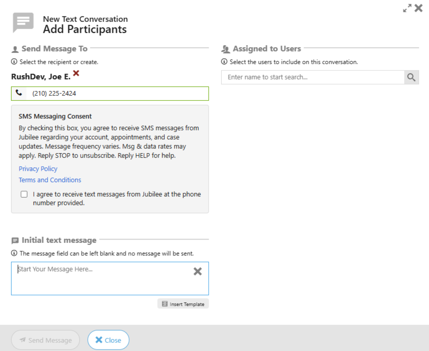 Jubilee SMS Text Opt-In Consent Message